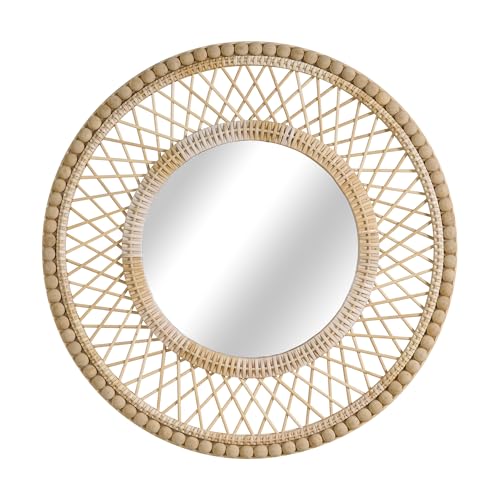 Image of Round Beaded Rattan Wall Mirror - 28x28 Inch Boho Elegance with Woven Frame and Wooden Bead Trim, Decorative Mirror for Bathroom Vanity Entryway Living Room