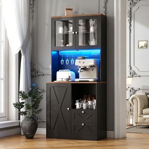 Image of 71 inch Tall Coffee Bar Cabinet with Storage Hutch, Farmhouse Kitchen Pantry Cabinet with LED Lights Microwave Stand and Glass Holder for Home Dining Room Kitchen (Black)