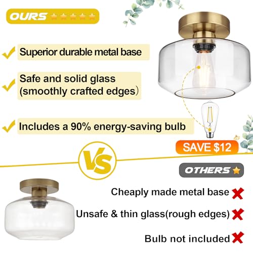 Industrial Semi Flush Mount Ceiling Light Brass, 800 Lumen LED Bulb Included, Clear Glass Shade Ceiling Light Fixture, Light Fixture for Hallway Bathroom Bedroom, Vintage Hanging Lighting - Thumbnail 2
