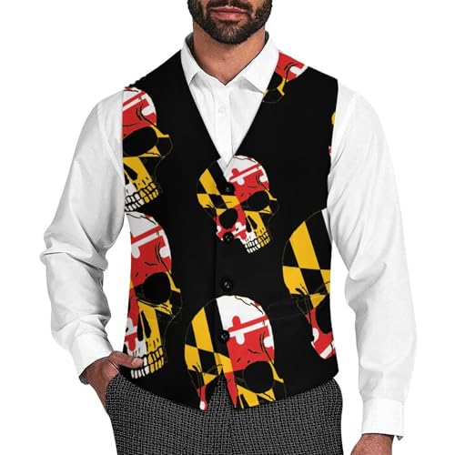 Maryland Flag Skull Head Men's Formal Suit Vest for Business Formal Or Casual Dress Waistcoat Wedding