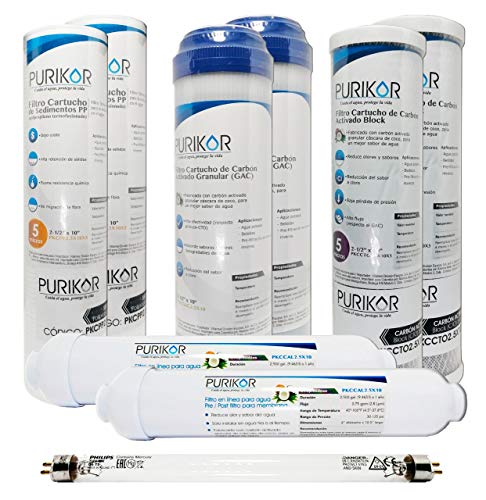 Lista de Repuestos para Filtros de Agua . 44 PURIKOR | Kit de Mantenimiento, Filtros para Ósmosis Inversa, Cartuchos de Repuesto de 2.5'x10' para 1 año + Lámpara Ultra Violeta