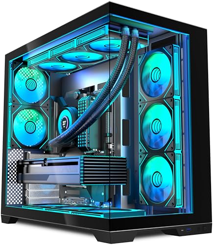 ANSAITE PC CASE 9 PWM ARGB Fans Pre-Installed, Mid-Tower Gaming PC Case, Panoramic Tempered Glass Computer Case with Type-C,420mm&360mm Radiator Support，Black,K9