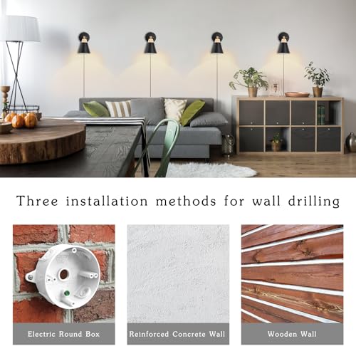 Image of Wall Sconce with Metal Shade, Plug Switch, Indoor Decor Wall Mount Swing Arm Lamp for Bedroom,Hallway,Living Room,Reading, Black