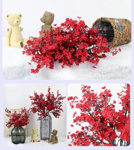 Image of CURATED CART Artificial Flowers Bunch, Baby's Breath Gypsohila Flowers, 2 Bunch for Vase Pot, Home Decoration, Living Room, Wedding, Fake Flowers, Color, (Vase Not Included) (Red)