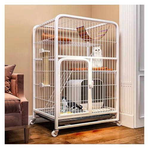 キャットケージ 猫ハウス 多段 猫ドア付き キャスター付き 室内飼い 留守番用? ホワイト 60*45*105cm