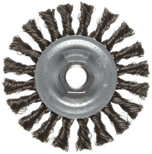Image of Weiler 36012 Vortec Pro 5 /8 inch-11 Arbor, 4 inch Diameter, 0.014 inch Wire Size, Carbon Steel Bristles, Wide Face, Knot Wire Wheel Brush (Pack of 5)