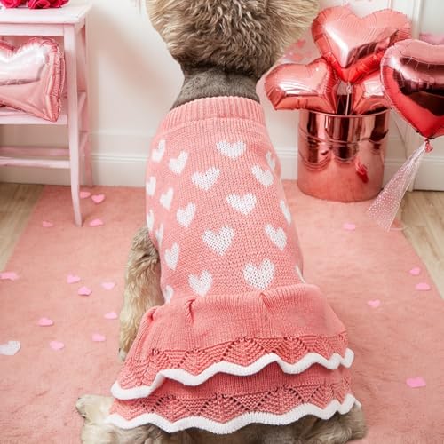 Winmany Valentines Day Dog Sweater Small Medium Cats Dogs Red Pink Heart Dress Pet Winter Turtleneck Pullover Knitwear (Pink, M) - Image 3