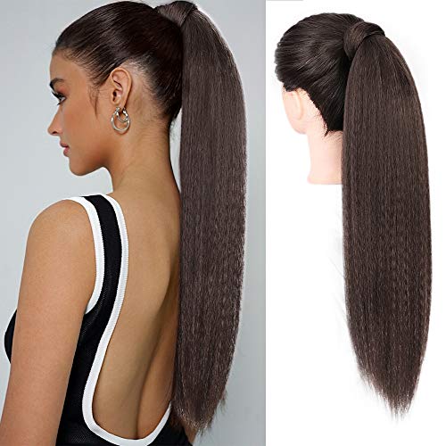 AISI BEAUTY Yaki Ponytail Extension Kinky Straight Ponytail for Black Women Magic Paste Synthetic Ponytail Clip on Hairpieces for Women(24inch,4#)