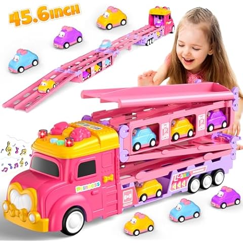 Hot Bee Toddler Toys for 2 3 4 5 Years Old Girls, 7-in-1 Foldable Ejection Trucks for Toddlers 2-4 Years, Toys for 4 Year Old Girls with Light & Music, Birthday Gift for 2 3 4 5 Year Old Girl Cover