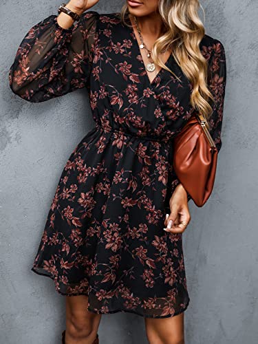 CUPSHE Women's Mini Dresses Casual Spring V Neck Chiffon Long Peasant Sleeves Flowy Autumn Dress