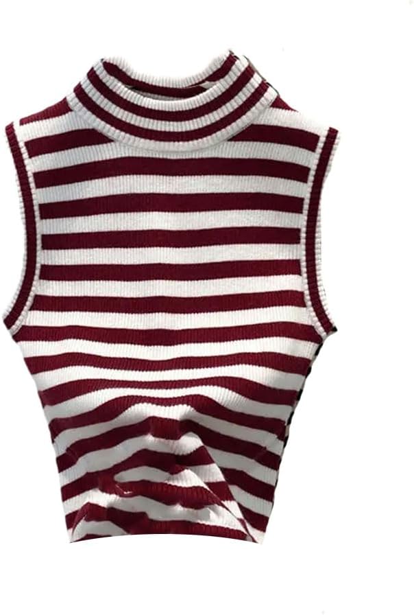Women's Stand-Up Collar Sleeveless Striped Knitted Vest Top Slim Solid Sweater Vests