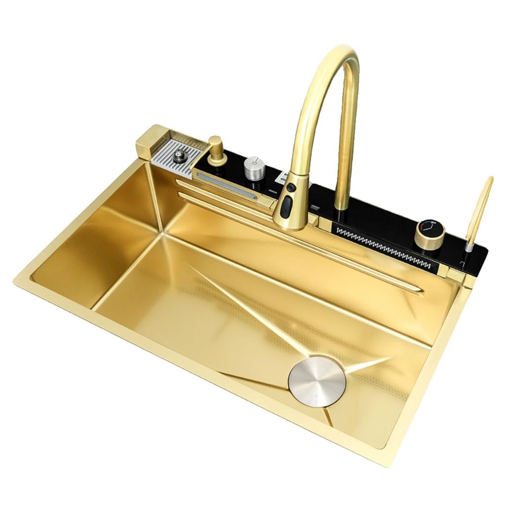 WIQUYBML Multifunctional Kitchen Workstation Sink With Pull Out Faucet, Cup Washer, Drinking Tap & Drain Kits, Waterfall RV Sink, Single Bowl Bar Large Farmhouse Sink(Gold,75x46x22cm)