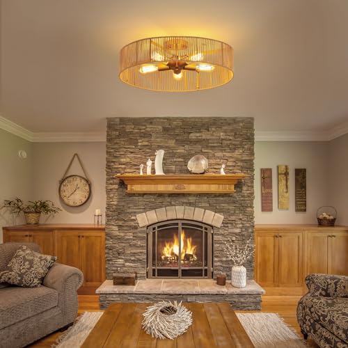 Mhytogn 24 Inch Natural Rattan Flush Mount Ceiling Light Fixture Antique Brass Brush Paint Finish Boho Chandelier For Porch Patio Hallway Bedroom Living Room Kitchen Island 5-Light thumb #8