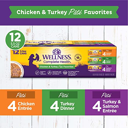 Image of Wellness Complete Health Pate Variety Pack Adult Canned Wet Cat Food, Natural, Protein Rich, Grain Free, Chicken and Turkey Favorites, 5.5 oz, Pack of 12 Cans