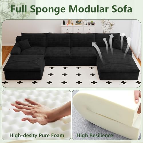 Image of 136 inch Cloud Couch Modular Sectional Sofa for Living Room, U-Shape Boneless Couch with Deep Seat, Modern Corduroy 4-Seater with Ottoman, No Assembly Required (Black,Right-Facing Chaise)