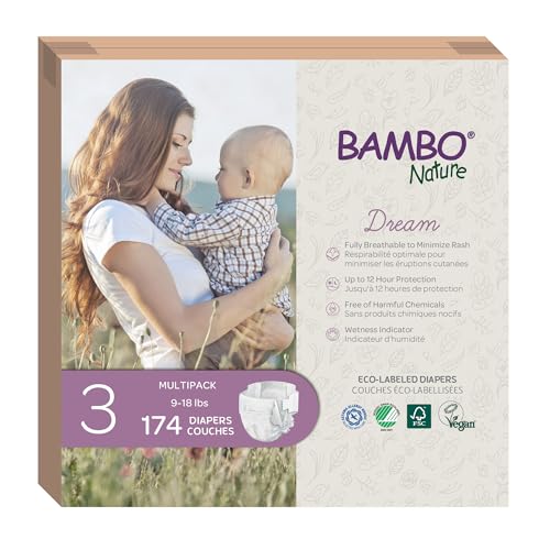 Image of Bambo Nature Hypoallergenic Baby Diapers, Eco-Labelled Sustainable Diapers, Enhanced Leakage Protection, Totally Chlorine-free, Skin Friendly, and Super Absorbent - Size 3 (174 Count)