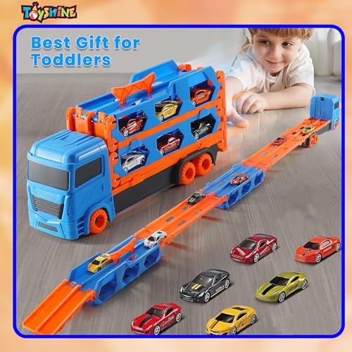 Image of Toyshine Big Hauler Storage & Deform Transport Truck Toy with 2 Foldable Ejection Race Track & 2 Pc Die cast Cars for Kids Boys Girls 3+ Years