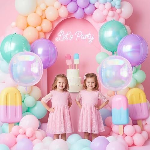 Image of Iridescent Pink Purple Round Foil Balloons Mermaid Decor 22 Inch 6 Pcs | Gradient Pink Purple Teal Holographic 4D Ball Balloons for Birthday Folding Rainbow Under The Sea Party Decoration