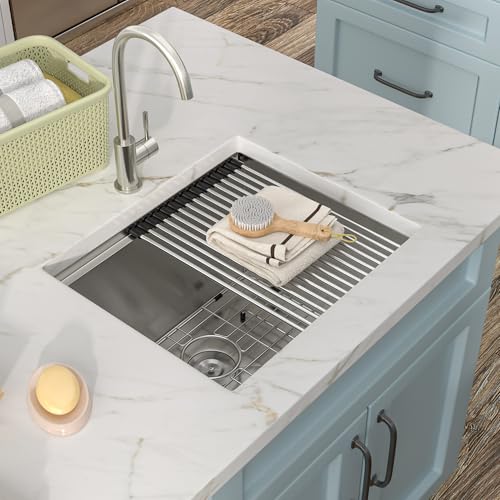 Image of 21 inchx18 inch Undermount Laundry Utility Sink Workstation - 16 Gauge T304 Stainless Steel, 12 Inch Deep Single Bowl Under Counter Basin for Laundry Room, RV or Utility Use