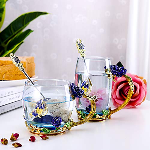 Tilany Enamel Tea Cup Coffee Mug Set With Spoon & Coaster - Beautiful Cappuccino Latte Cups - Clear Glass Mugs For Mothers Day Gifts - Fancy Presents For Women (Blue Butterfly & Rose Tall) #TOP6