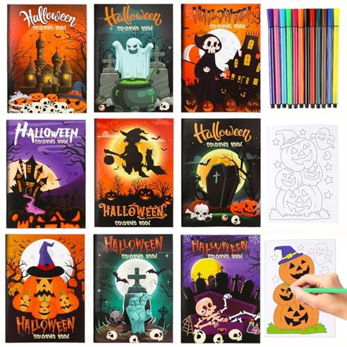 HOWAF 9 Album da Colorare di Halloween con 12 Pennarelli Colorati, Libri da Colorare Bambini Fantasma Strega Zucca Halloween Quaderni Regali Halloween per Bambini Dolcetto o Scherzetto e Bomboniere