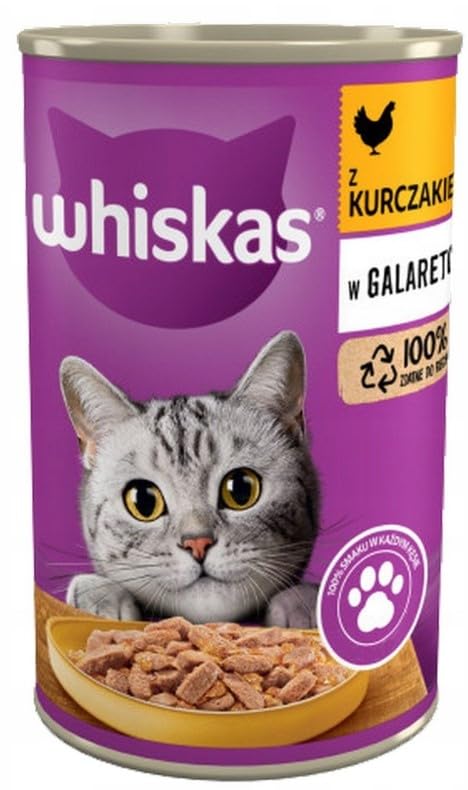 Whiskas Comida Humeda en Lata para Gatos Adult 1+ mezcla de sabor en gelatina con atún, pollo y pato, 18 latas (18 x 400 g)