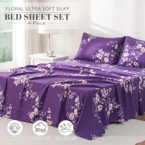 Bedlifes King Sheet Set Ultra Soft, Breathable, Silky Flower Deep Pocket 100% Microfiber Bedding, 4 Piece King Size Dark Purple Floral