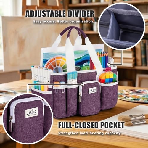 Image of Jjring Craft Organizer Tote Bag, Portable Art Caddy with Adjustable Divider&Secure Zipper Pocket, Large Foldable Storage Tote for Scrapbooking, Sewing, Artist and Home(Deep Purple)