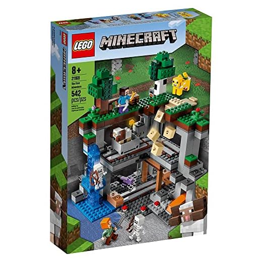 LEGO Minecraft The First Adventure 21169 Hands-On Minecraft Playset; Fun Toy Featuring Steve, Alex, a Skeleton, Dyed Cat, Moobloom and Horned Sheep, New 2021 (542 Pieces)