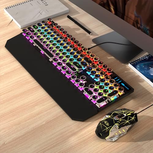Image of MageGee Typewriter MOK-Storm Mechanical Gaming Keyboard and Mouse Combo, Retro Punk Round Keycaps RGB Rainbow LED Backlit USB Wired Keyboard for Game and Office Windows Laptop PC, Red Switches - Black
