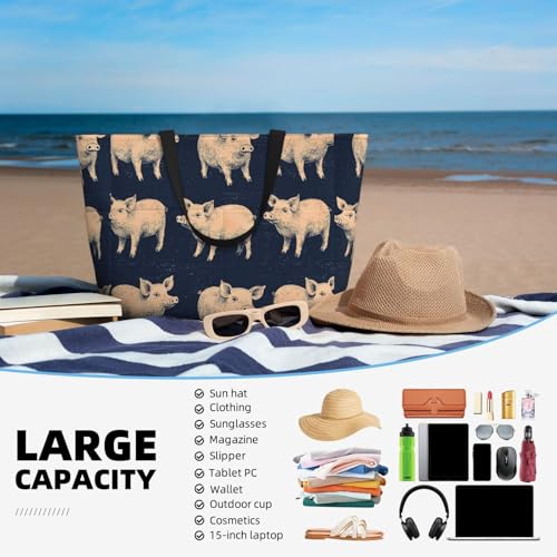 Large Beach Bags for Women Sandproof - Cute Pig Navy Blue Print Summer Travel Work Tote Bags with Zipper4