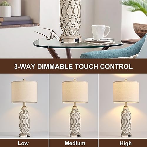 SRJJRS Farmhouse Table Lamps for Bedroom Set of 2, 28" Rustic Bedside Lamp with USB Ports, 3-Way Dimmable Nightstand Table Lamp for Living Room with Linen Drum Shade (Bulbs Included) - Image 4