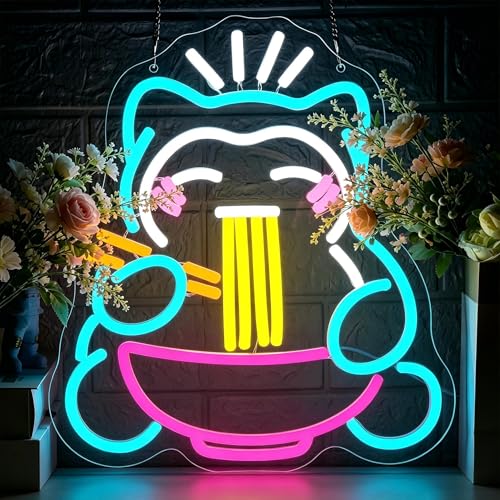 Image of Ramen Neon Sign for Wall Decor Ramen Neon Light for Man Cave Dimmable Cartoon Cute Bear Noodle LED Light Up Sign For Restaurant Home Bar Kitchen Dinning Room Cafe Birthday Gifts Size 13.7*12.1In(P339)
