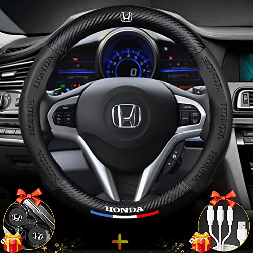 Car Customize-Fit Steering Wheel Covers for Honda,Leather Carbon Fiber Texture Steering Wheel Cover with Logo,Universal Soft Grip (Black,for Honda)
