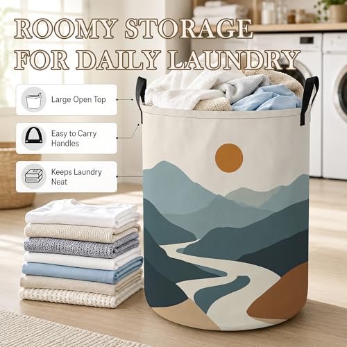 Image of Abstract Mountain Laundry Basket, Foldable Oxford Cloth Sunset Landscape Laundry Hamper with Handles, Tote Bag Clothes Storage Bucket for Laundry Room /Bathroom /Bedroom /Dormitories 20.8 inchx16 inch