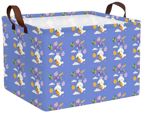 Image of Large Rectangular Easter Baskets Empty Waterproof Boy Toy Box Foldable Kid's Gifts Storage Bin Spring Room Decor(Blue Rabbit Holding Carrot Egg)