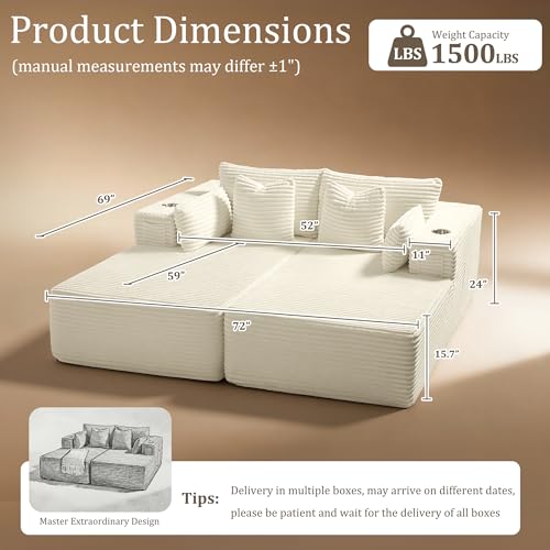Image of 72 inch Cloud Sectional Couch, Comfort Sleep Sofa for Living Room, Extra Deep Seats No Assembly, Minimalist Modular Couch, Corduroy (Cream, Loveseat Chaise)