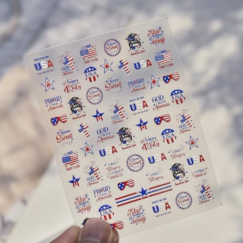 Image of Independence Day Nail Art Stickers Red Blue Nail Decals Star with USA Design American Flag 4th July Nails Stickers 5D Self Adhesive Patriotic Nail Supplies for Women Girls Manicure DIY Decoration