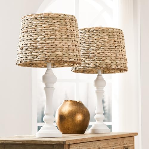 Maxax 26" Boho Rattan Table Lamps Set of 2 for Living Room, Coastal Bedside Lamps with Rattan Shade, Farmhouse Cottage Wicker Lamps, Rustic Resin Nightstand Lamps for Bedroom, White - Image 2