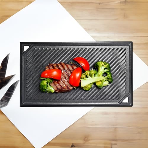 Leship Cast Iron Rectangular Reversible Griddle for Oven, Stove Tops, Grill and Others, 16.5'' x 9.5'' Double-sided Griddle Plate