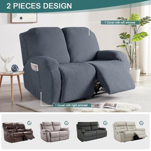 Image of Ruaozz Recliner Sofa Covers Recliner Chair Covers Loveseat Recliner Slipcovers with Pockets Washable Furniture Protector with Elastic Bottom (2 Seater, Grey)