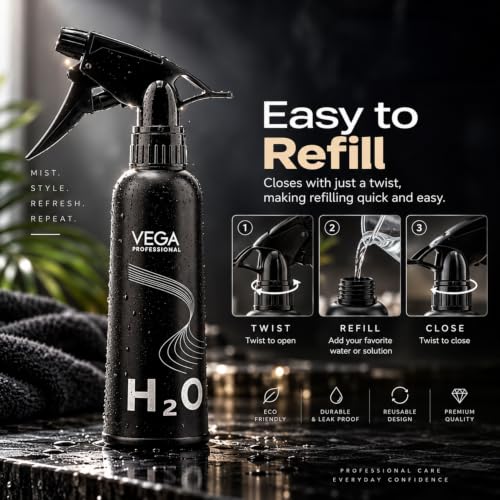 Image of VEGA PROFESSIONAL Plastic Hair Spray Bottle For Hairstyling, Cleaning, Salons, Empty Spray Bottle, Black, 350 Ml, (VPHSB-04)
