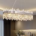 Siljoy Modern Crystal Chandelier 16 Lights Polished Chrome Rectangular K9 Crystal Raindrop Chandelier Luxury Oval Adjustable 2-Tiers Pendant Ceiling Light for Dining Living Room Kitchen Island L35.4''