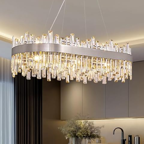 Siljoy Modern Crystal Chandelier 16 Lights Polished Chrome Rectangular K9 Crystal Raindrop Chandelier Luxury Oval Adjustable 2-Tiers Pendant Ceiling Light for Dining Living Room Kitchen Island L35.4'' Cover