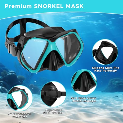 Set de máscara de buceo para adultos con snorkel seco, lentes duales de vidrio templado y silicona color gris y verde miniatura 3