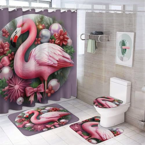 Shower Curtain 4 Piece Set Cute Christmas Flamingo Wreath Bath Mat U-Shaped Floor Mat Toilet Lid Oval Rug Animal Flamingo Spring Summer Gift Bathroom Shower Curtains Sets for Bathroom Decor Set