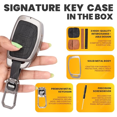 Image of Car Key Cover Compatible with Hyundai i20, Creta, Venue, Tucson, Alcazar, Verna, Xcent, Aura, Elantra 3-Button Smart Key (2 in 1 Dual Leather Metal)