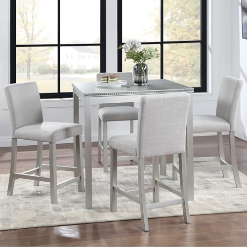 Image of KEIKI 5-Piece Counter Height Dining Table Set with Square Table and 4 Upholstered Chair, for 4 Person, Modern Crystal Decoration Wooden Table Set, Easy Assembly, for Kitchen, Dining Room, Silver Grey