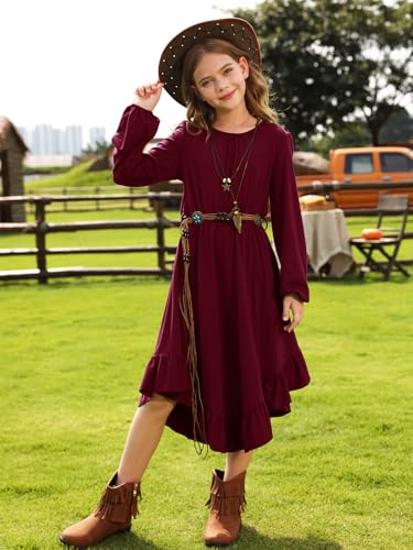 Girls Boho Dress Teen Long Sleeve Lace Backless Tie Back High Low Swing Pocket Dresses with Belt Size 5-16 Years