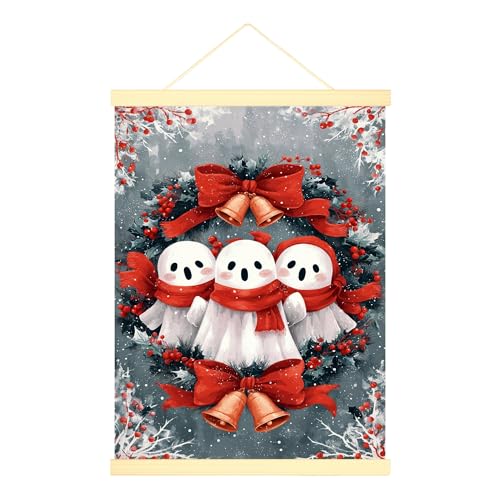 Póster colgante de lienzo con diseño de fantasma, corona de campanas de Navidad, póster colgante rojo con marcos, decoración de cubículo para el hogar, aula, oficina, cubículo, 12 x 16 pulgadas